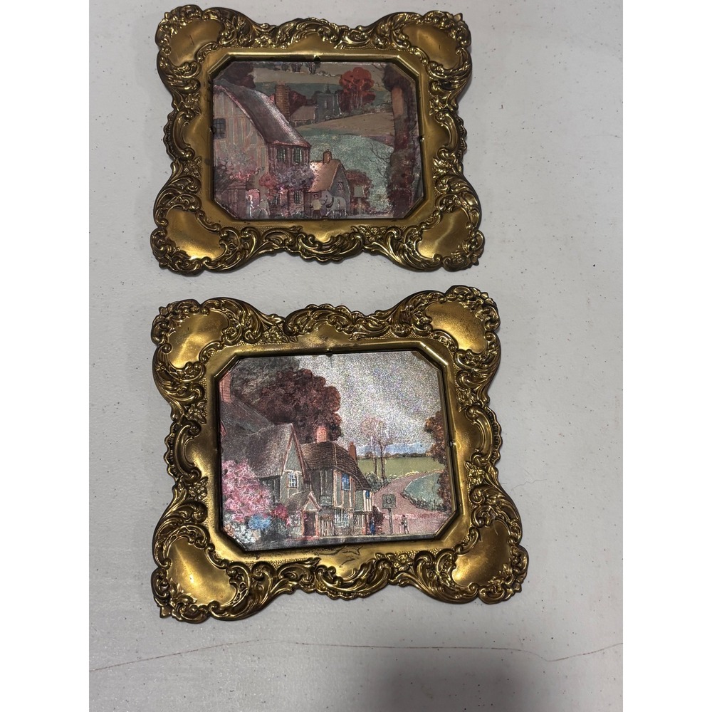 Vintage Pair Foil Art England Cottage Countryside Wall Decor Set 2